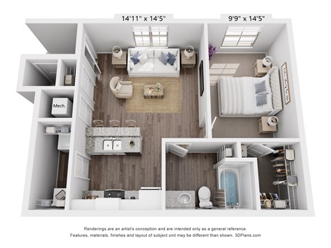 Floor plan for 1 bed, 1 bath, 751 sqft